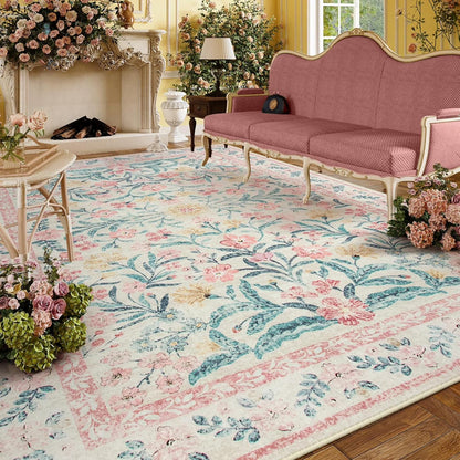 Moynesa Boho Green Area Rugs Living Room, Washable Floral Large Area Rugs for Bedroom, Soft Non-Slip Thin Rug for Nursery Kids Playroom Home