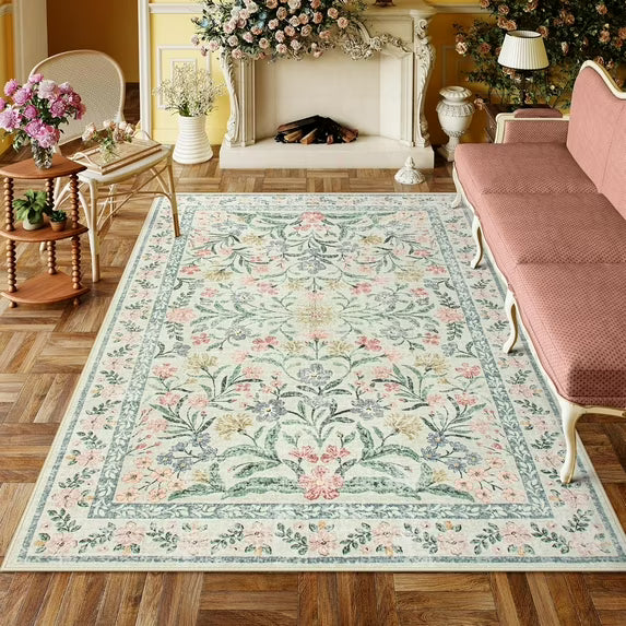 Moynesa Boho Green Area Rugs Living Room, Washable Floral Large Area Rugs for Bedroom, Soft Non-Slip Thin Rug for Nursery Kids Playroom Home
