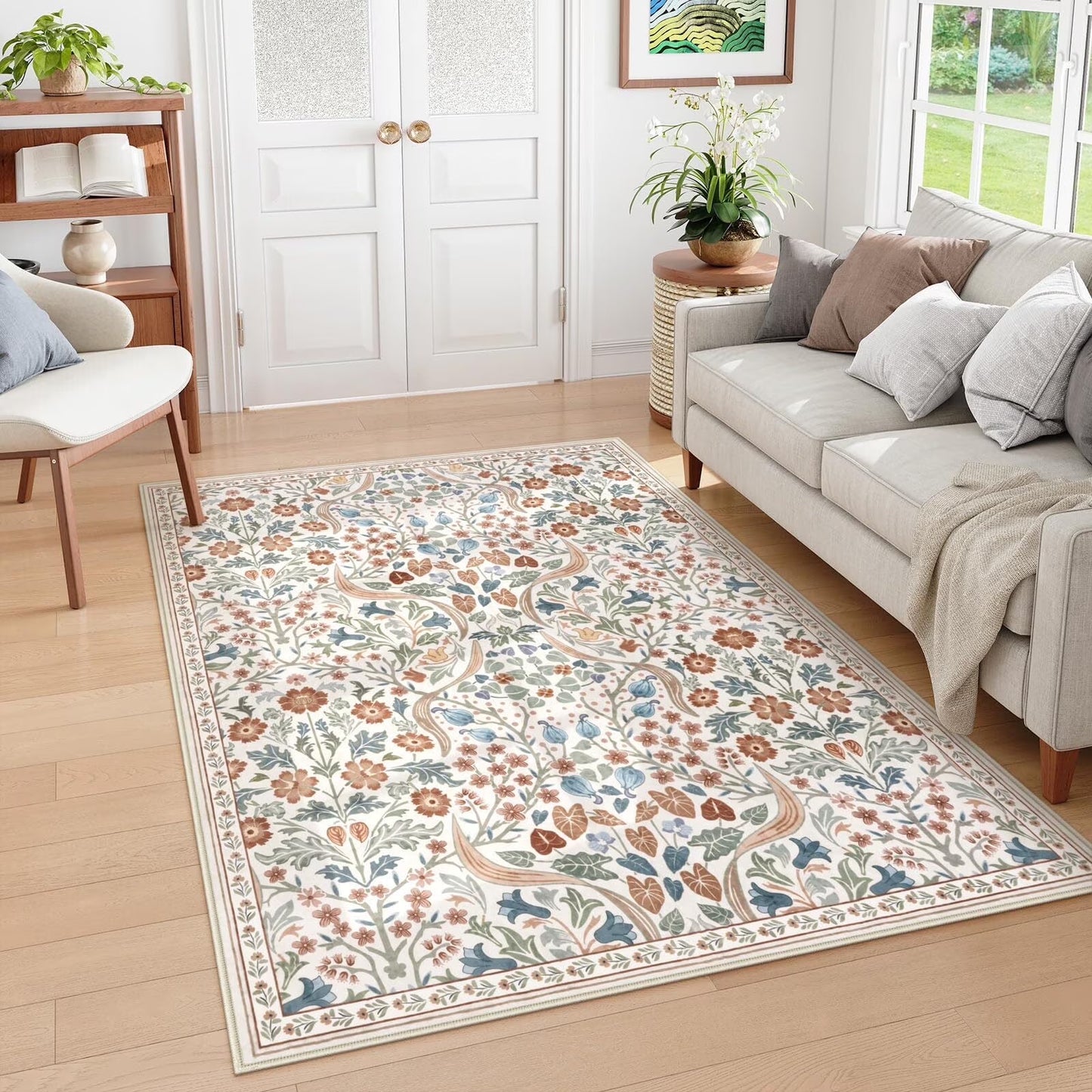 Lahome Floral Washable Rug, Large Rugs for Living Room, Soft Boho Bedroom Rugs, Non Slip Botanical Ultra Thin Floor Carpet for Dining Room Nursery