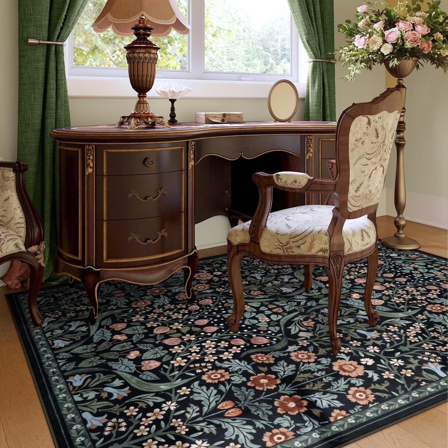 Lahome Floral Washable Rug, Large Rugs for Living Room, Soft Boho Bedroom Rugs, Non Slip Botanical Ultra Thin Floor Carpet for Dining Room Nursery