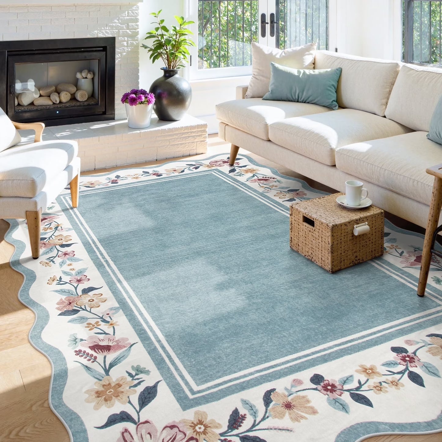 Lahome Floral Scalloped Area Rug for Living Room - Ultra-Thin Soft Washable Non-Slip Bedroom Stain Resistant Lightweight Boho Low-Pile Throw for Dining Room Office