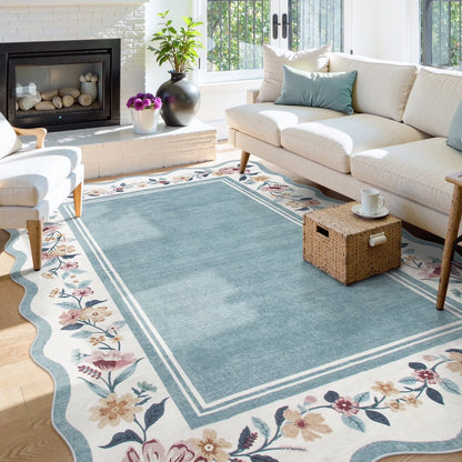 Lahome Floral Scalloped Area Rug for Living Room - Ultra-Thin Soft Washable Non-Slip Bedroom Stain Resistant Lightweight Boho Low-Pile Throw for Dining Room Office