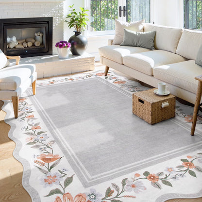 Lahome Floral Scalloped Area Rug for Living Room - Ultra-Thin Soft Washable Non-Slip Bedroom Stain Resistant Lightweight Boho Low-Pile Throw for Dining Room Office