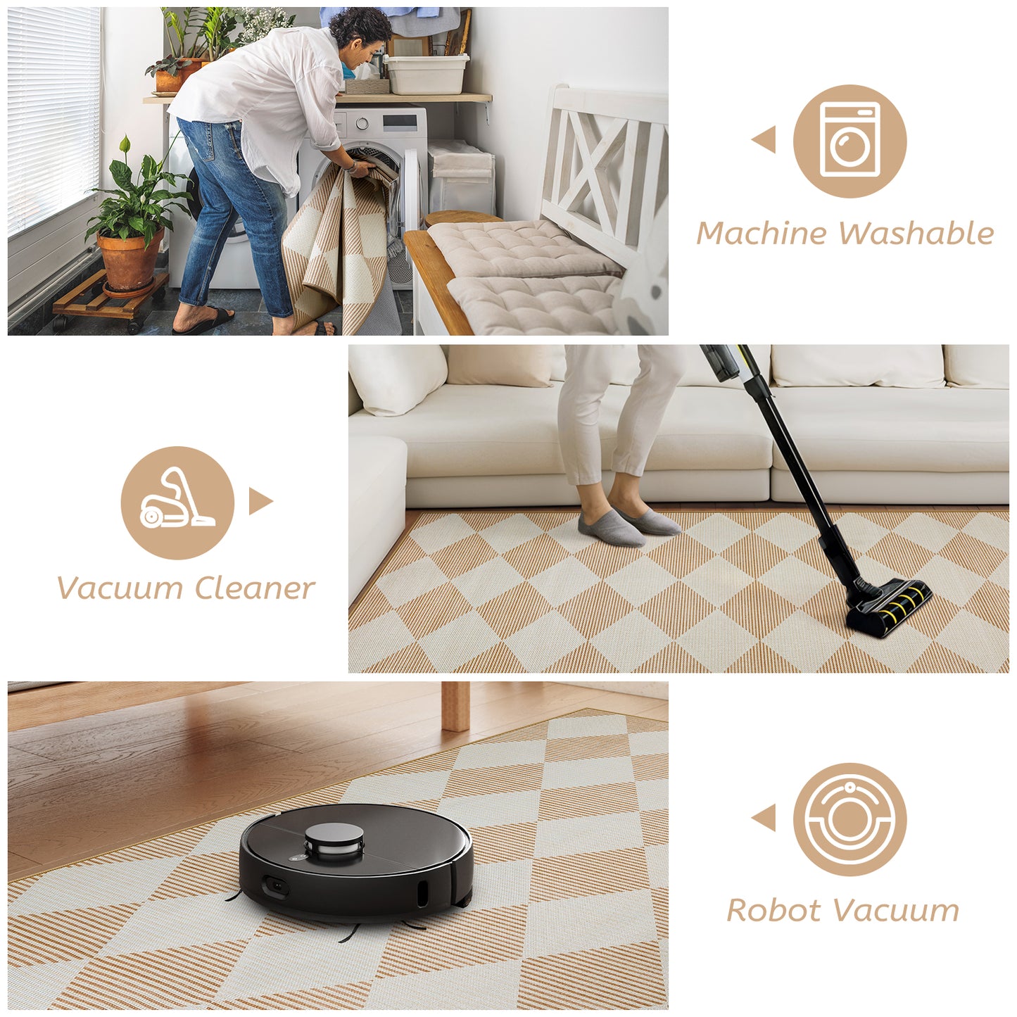 SUNDEREY Easy Jute Area Rugs for Entryway, Washable Non-Slip Modern Rugs for Living Room, Farmhouse Diamond Checkered Rug, Moroccan Soft Low Pile Carpet for Bedroom Office Dining Room