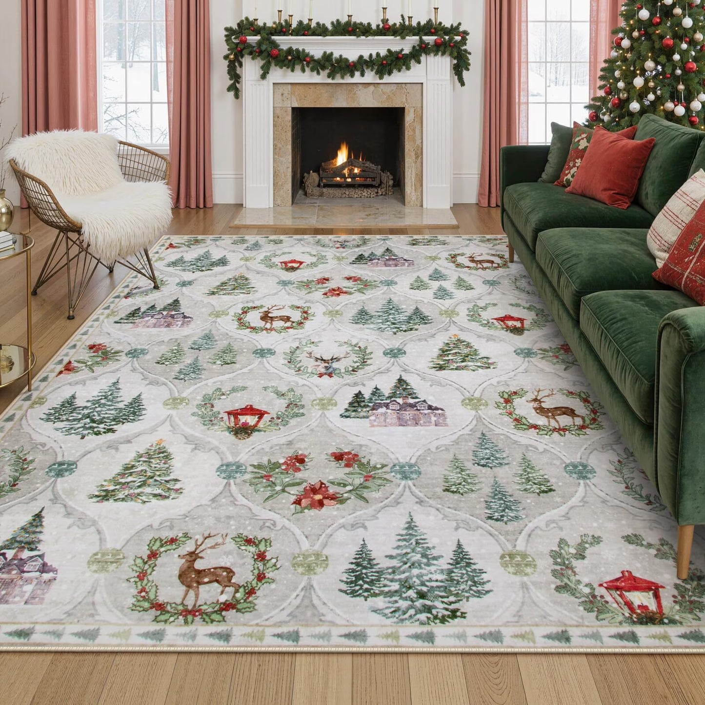 Moynesa Christmas Area Rug for Living Room, Large Rug Xmas Tree Modern Rug Kitchen Rug Washable Rug Non Slip Moroccan Carpet Holiday Decor Soft Accent Rug for Bedroom Dining Room