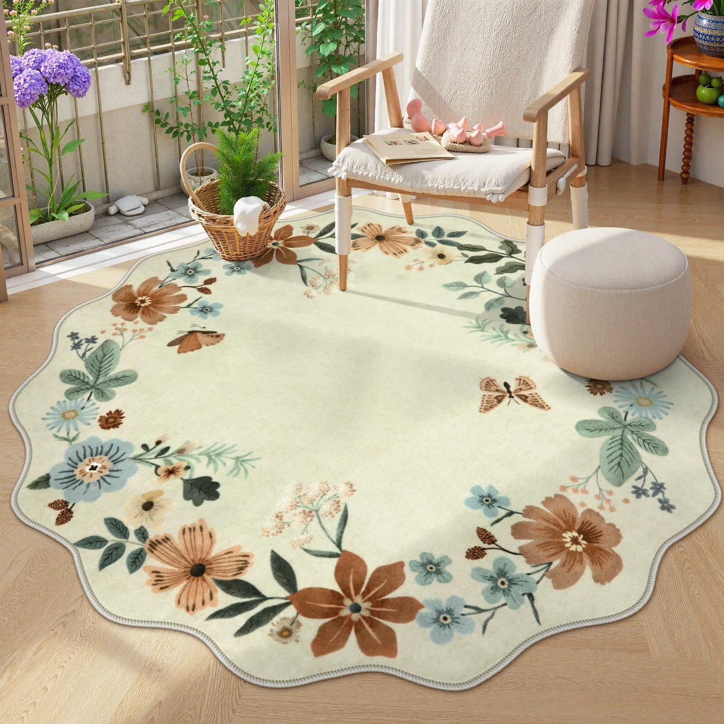Moynesa Floral Washable Area Rugs, Soft Bedroom Large Rug for Living Room Ultra-Thin Non Slip Dining Room Rug, Stain Resistant Boho Rugs Easy Clean Throw Carpet for Office