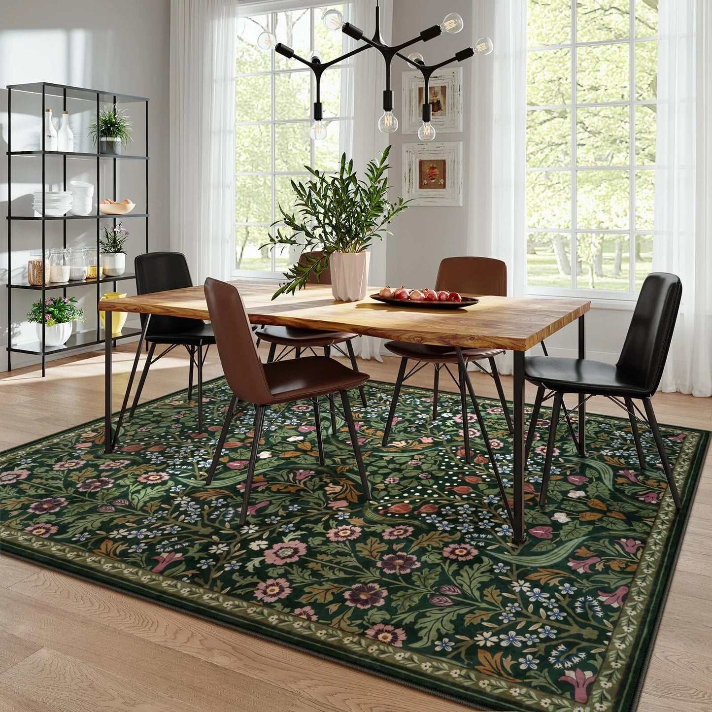 Lahome Floral Washable Rug, Large Rugs for Living Room, Soft Boho Bedroom Rugs, Non Slip Botanical Ultra Thin Floor Carpet for Dining Room Nursery