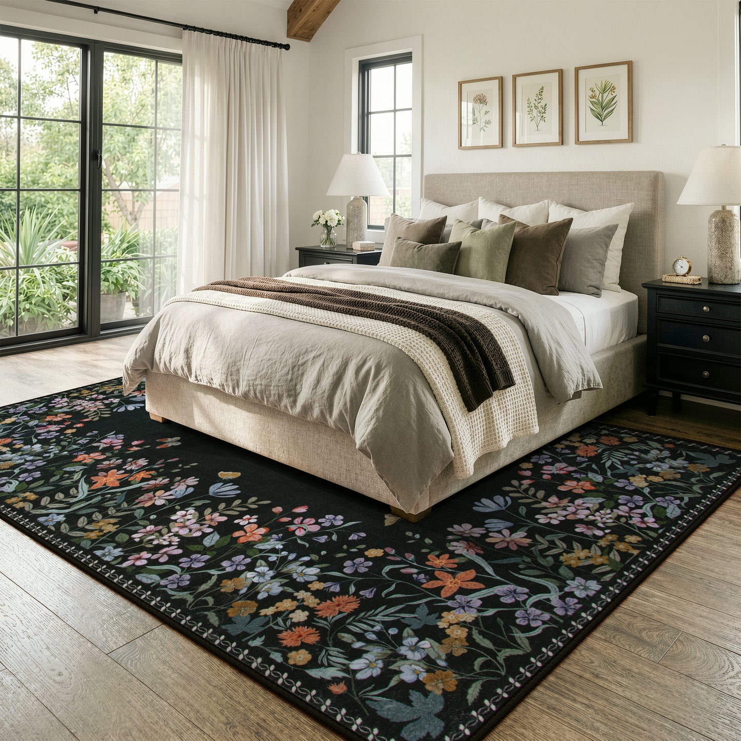 Wonnitar Floral Washable Rug, Rugs for Bedroom, Soft Low Pile Living Room Area Rug, Non-Slip Throw Carpet for Nursery Playroom