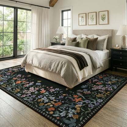 Wonnitar Floral Washable Rug, Rugs for Bedroom, Soft Low Pile Living Room Area Rug, Non-Slip Throw Carpet for Nursery Playroom