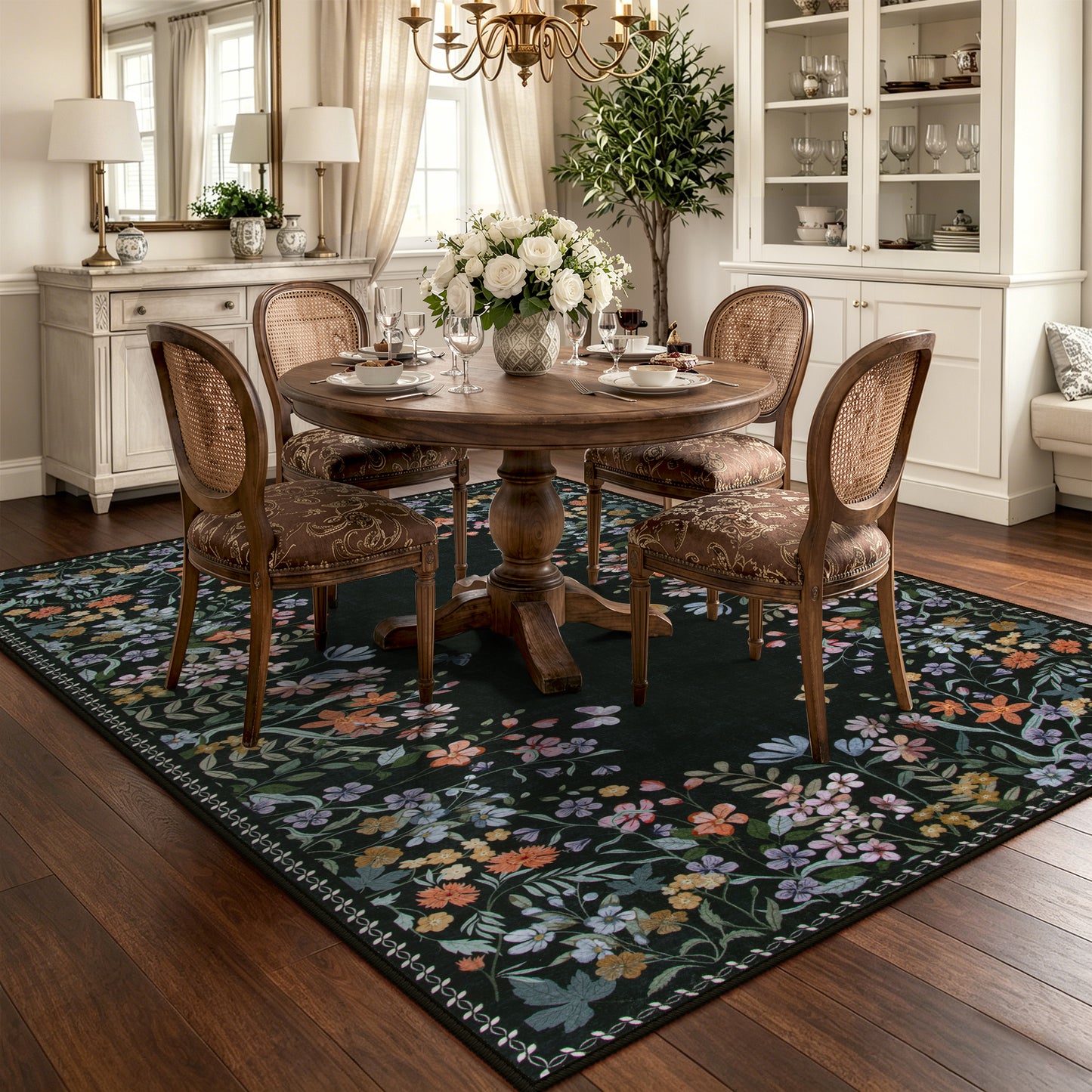 Wonnitar Floral Washable Rug, Rugs for Bedroom, Soft Low Pile Living Room Area Rug, Non-Slip Throw Carpet for Nursery Playroom