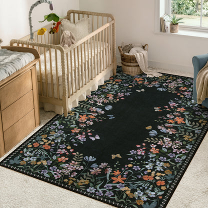 Wonnitar Floral Washable Rug, Rugs for Bedroom, Soft Low Pile Living Room Area Rug, Non-Slip Throw Carpet for Nursery Playroom