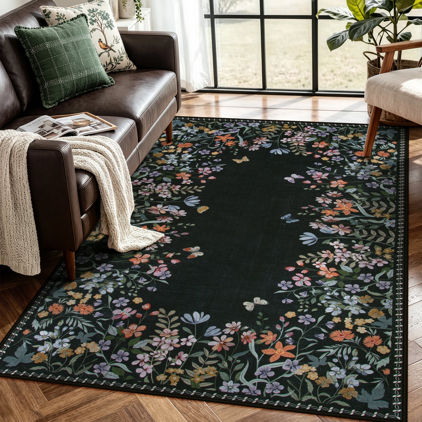 Wonnitar Floral Washable Rug, Rugs for Bedroom, Soft Low Pile Living Room Area Rug, Non-Slip Throw Carpet for Nursery Playroom