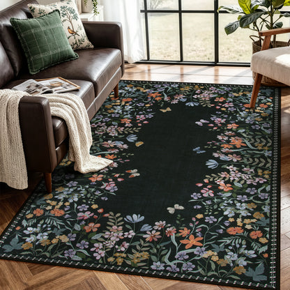 Wonnitar Floral Washable Rug, Rugs for Bedroom, Soft Low Pile Living Room Area Rug, Non-Slip Throw Carpet for Nursery Playroom