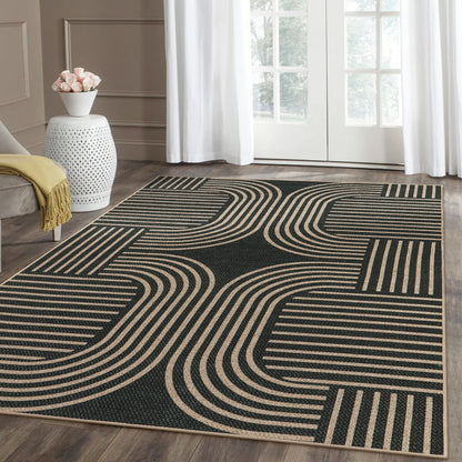 RUG ROBOT Modern Geometric Area Rugs for Living Room, Washable Easy Jute Black Indoor Outdoor Rugs for Entryway Non Slip, Farmhouse Accent Carpet for Bedroom Patio Courtyard