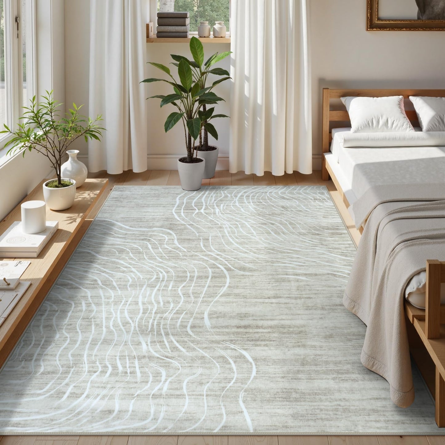 RUG ROBOT Abstract Area Rugs for Living Room, Soft Washable Rugs for Bedroom, Non-Slip Modern Wave Striped Large Accent Carpet for Dining Room Kitchen Nursery