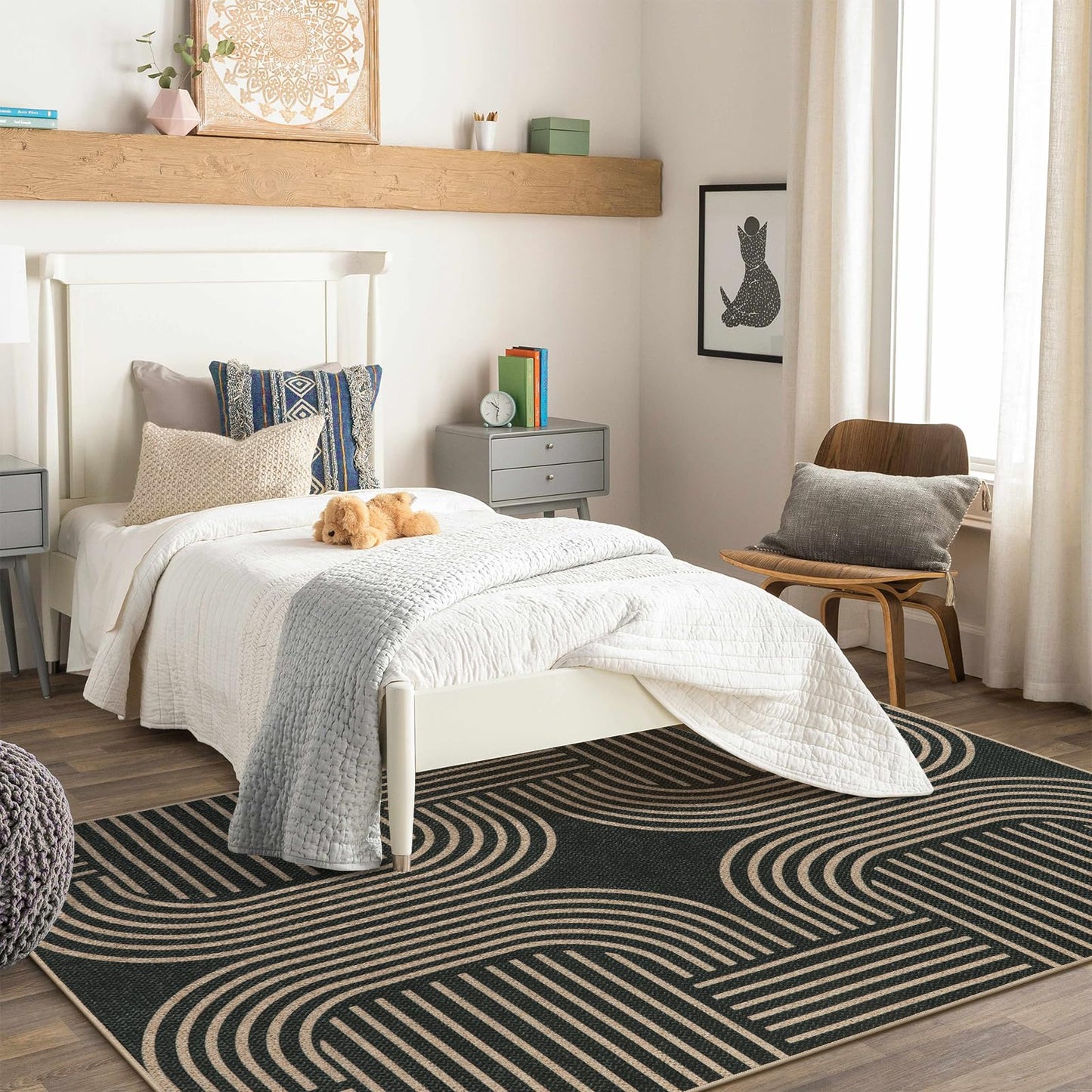 RUG ROBOT Modern Geometric Area Rugs for Living Room, Washable Easy Jute Black Indoor Outdoor Rugs for Entryway Non Slip, Farmhouse Accent Carpet for Bedroom Patio Courtyard