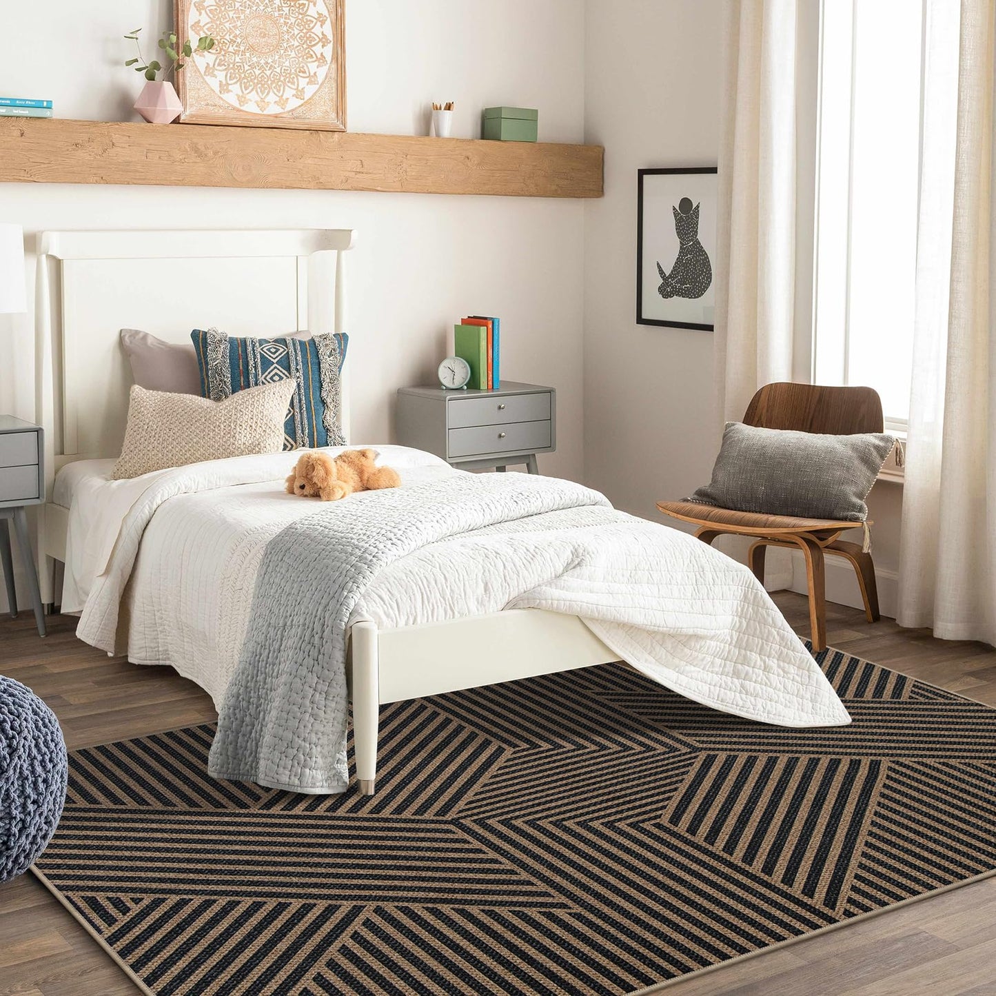 RUG ROBOT Modern Geometric Easy Jute Area Rug, Washable Indoor Rugs for Living Room Bedroom Entryway Rug Non Slip, Black Farmhouse Outdoor Carpet for Patio Courtyard Bedroom