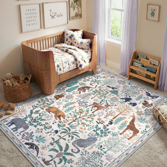 Wonnitar 5'x7' Area Rug, Washable Cottagecore Botanical Rug for Nursery, Non Slip Low Pile Woodland Animal Accent Carpet for Bedroom, Living Room, Dinning Room, Playroom