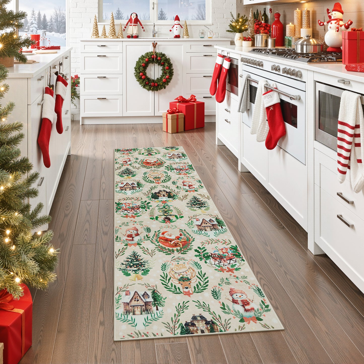 Lahome Decor Christmas Hallway Runner Rug,Kitchen Rug, Elk, Christmas Tree, Sleigh, House Pattern Non-Slip Washable Indoor Area Rug