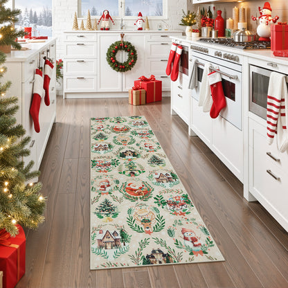 Lahome Decor Christmas Hallway Runner Rug,Kitchen Rug, Elk, Christmas Tree, Sleigh, House Pattern Non-Slip Washable Indoor Area Rug