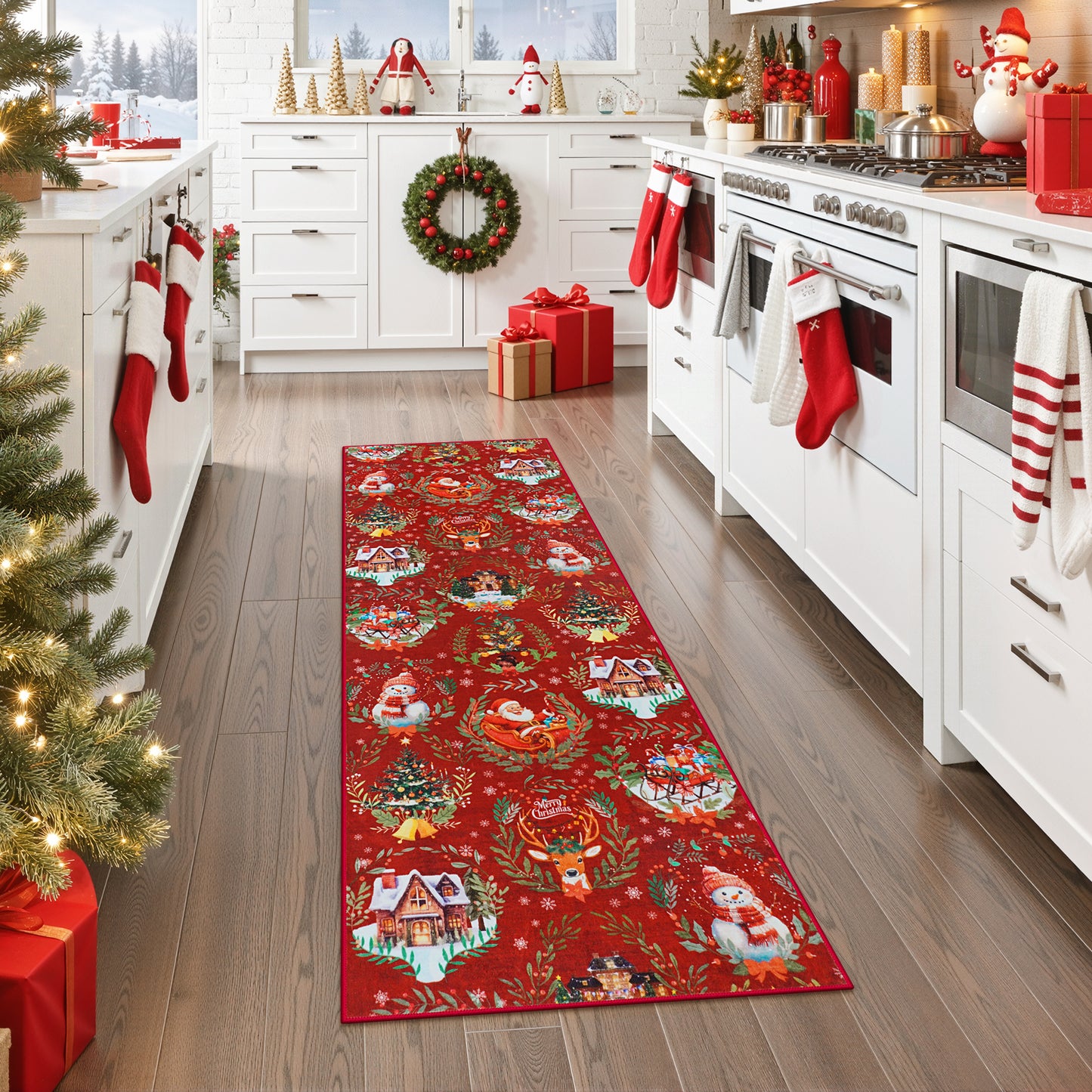 Lahome Decor Christmas Hallway Runner Rug,Kitchen Rug, Elk, Christmas Tree, Sleigh, House Pattern Non-Slip Washable Indoor Area Rug