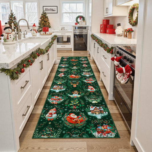 Lahome Decor Christmas Hallway Runner Rug,Kitchen Rug, Elk, Christmas Tree, Sleigh, House Pattern Non-Slip Washable Indoor Area Rug
