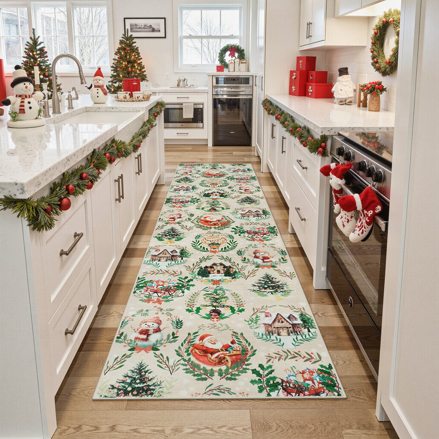Lahome Decor Christmas Hallway Runner Rug,Kitchen Rug, Elk, Christmas Tree, Sleigh, House Pattern Non-Slip Washable Indoor Area Rug
