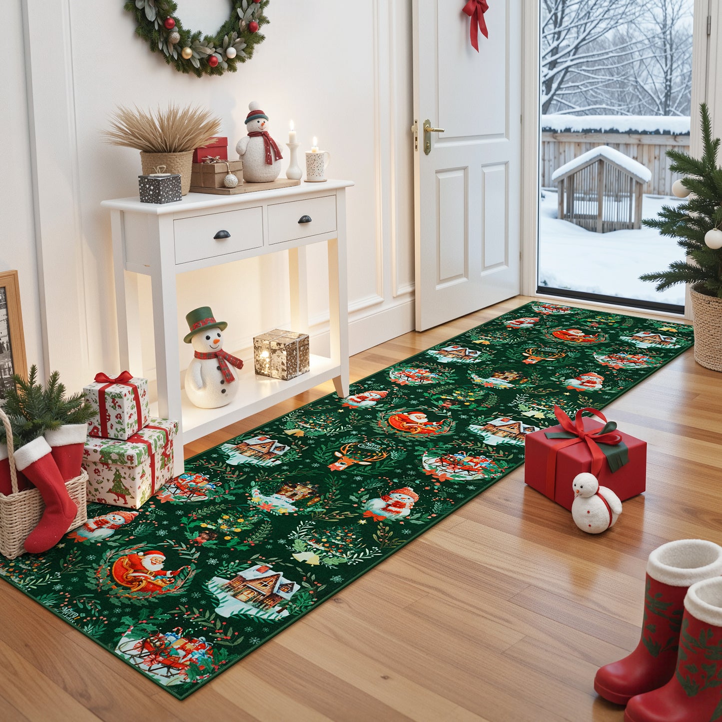 Lahome Decor Christmas Hallway Runner Rug,Kitchen Rug, Elk, Christmas Tree, Sleigh, House Pattern Non-Slip Washable Indoor Area Rug