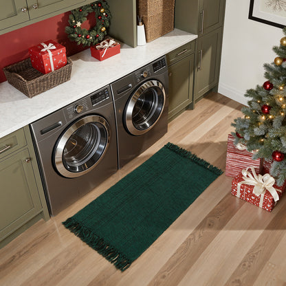 SUNDEREY Christmas Hallway Runner Rug, Washable Kitchen Rug, Cotton Woven Reversible Entryway Rug, Holiday Xmas Decor Boho Rug Low-Pile Throw Rug for ‎Dining Room Office,Green&Black