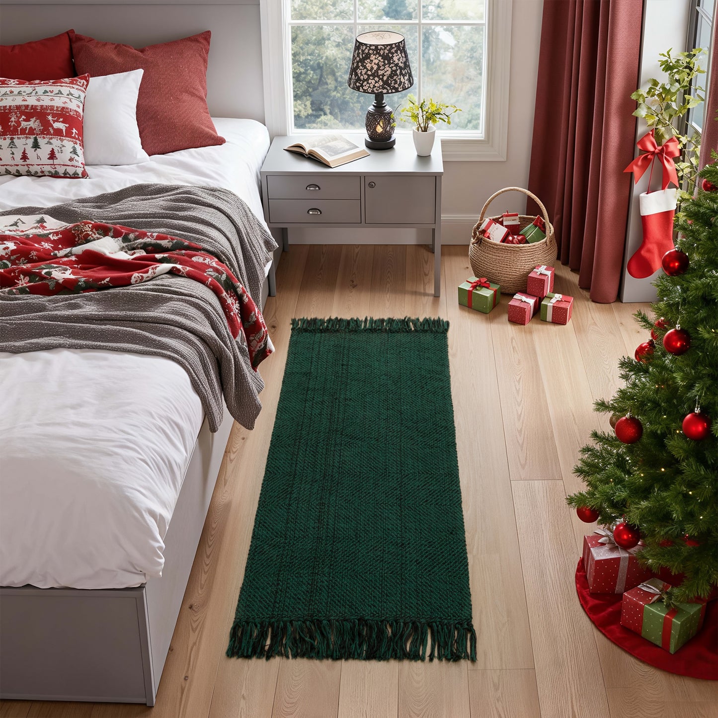 SUNDEREY Christmas Hallway Runner Rug, Washable Kitchen Rug, Cotton Woven Reversible Entryway Rug, Holiday Xmas Decor Boho Rug Low-Pile Throw Rug for ‎Dining Room Office,Green&Black