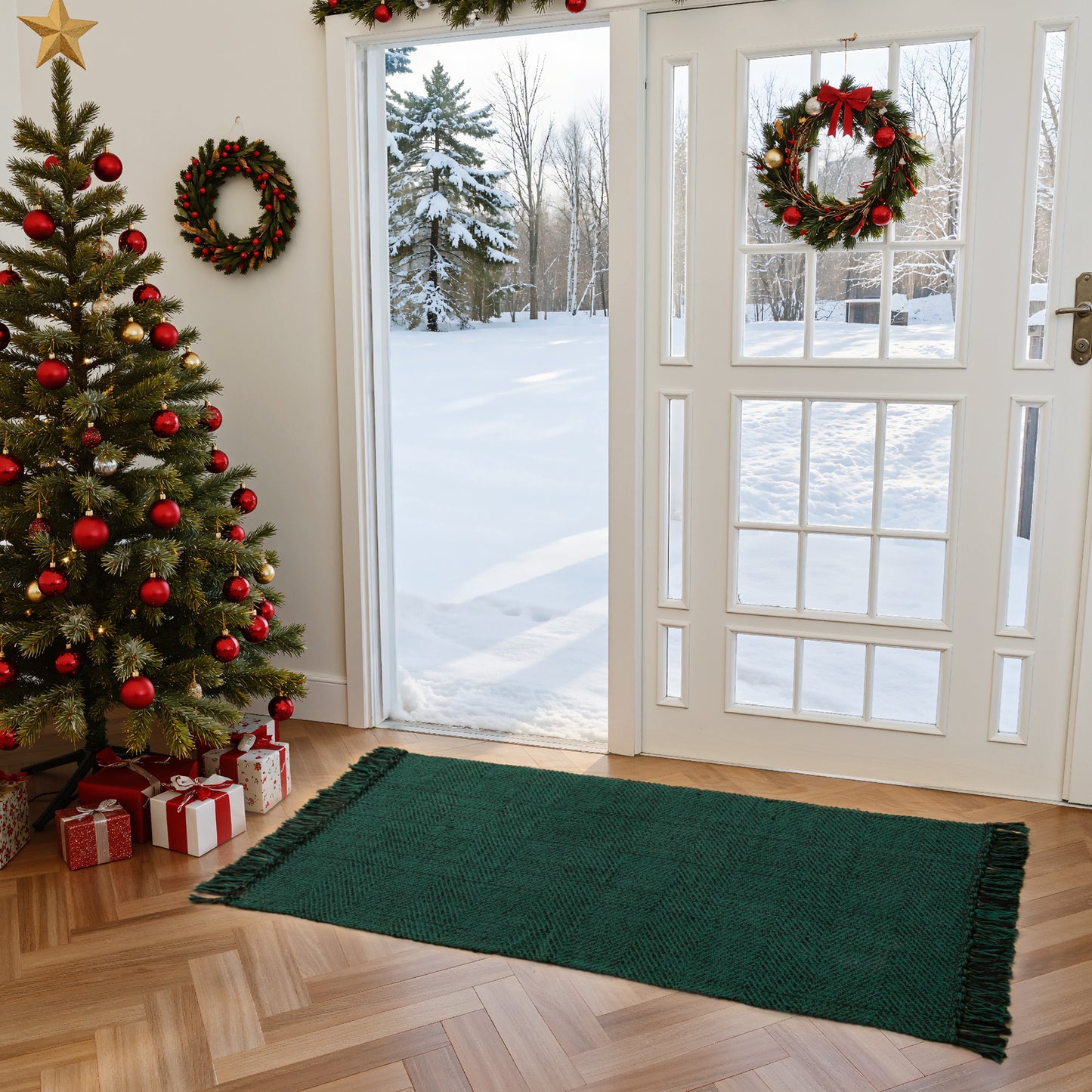 SUNDEREY Christmas Hallway Runner Rug, Washable Kitchen Rug, Cotton Woven Reversible Entryway Rug, Holiday Xmas Decor Boho Rug Low-Pile Throw Rug for ‎Dining Room Office,Green&Black