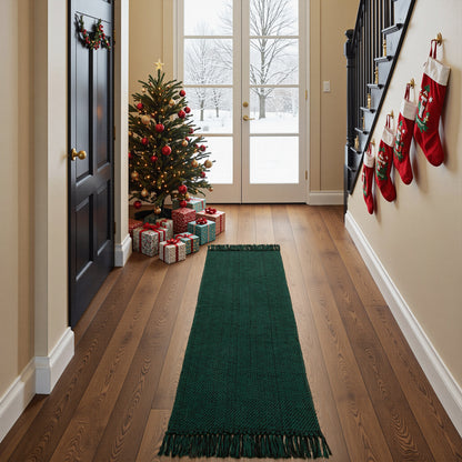 SUNDEREY Christmas Hallway Runner Rug, Washable Kitchen Rug, Cotton Woven Reversible Entryway Rug, Holiday Xmas Decor Boho Rug Low-Pile Throw Rug for ‎Dining Room Office,Green&Black