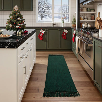 SUNDEREY Christmas Hallway Runner Rug, Washable Kitchen Rug, Cotton Woven Reversible Entryway Rug, Holiday Xmas Decor Boho Rug Low-Pile Throw Rug for ‎Dining Room Office,Green&Black