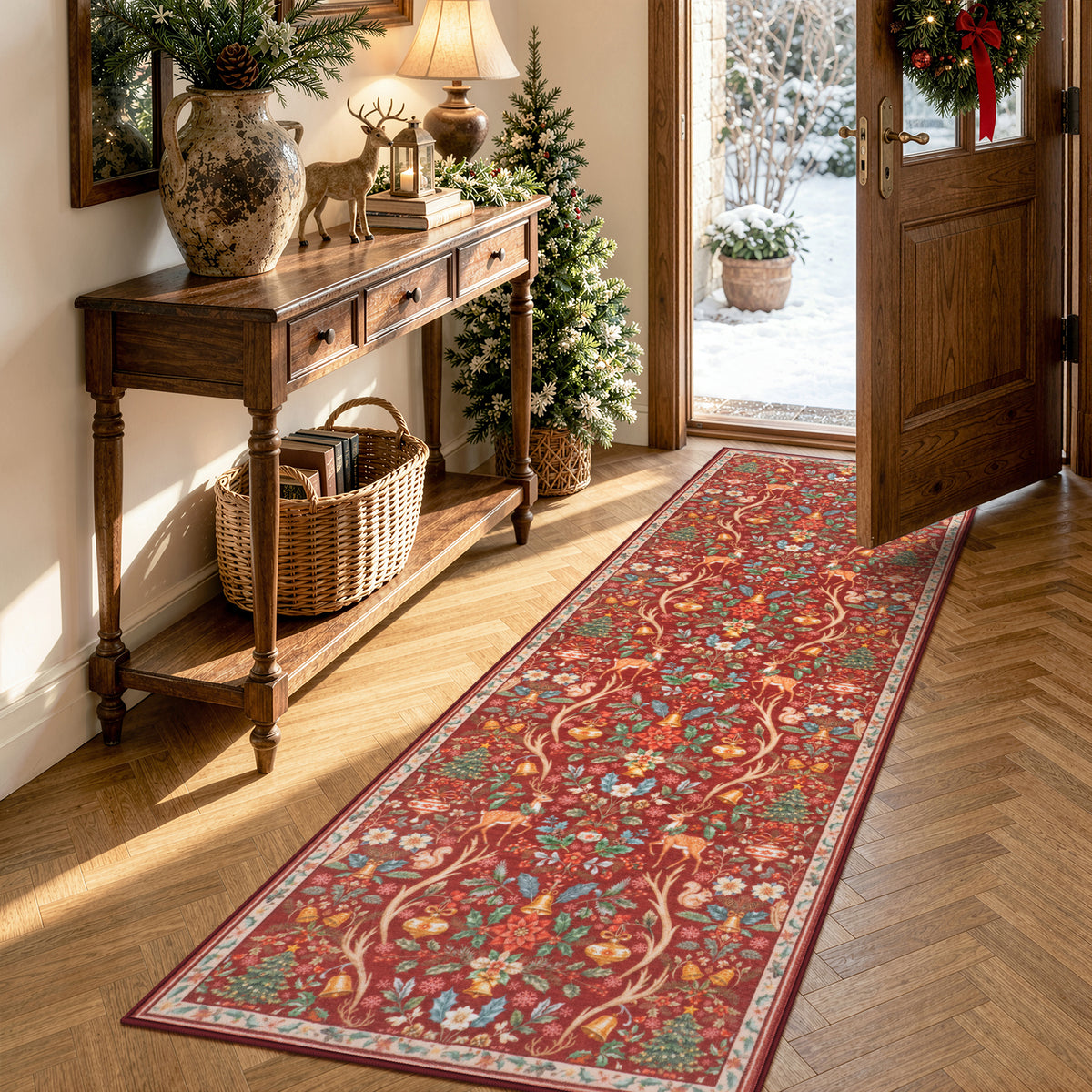 Lahome Christmas Area Rug, Vintage Holiday Washable Rugs for Living Room, Non-Slip Soft Large Carpet with Xmas Trees & Elk Design for Bedroom Dining Room Home Office Nursery