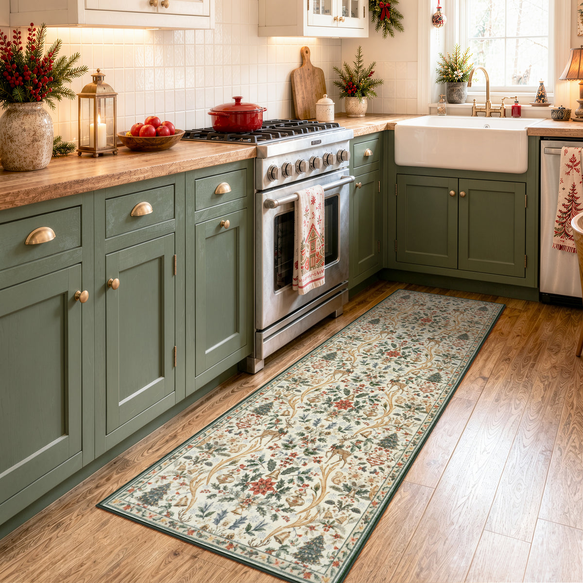 Lahome Christmas Area Rug, Vintage Holiday Washable Rugs for Living Room, Non-Slip Soft Large Carpet with Xmas Trees & Elk Design for Bedroom Dining Room Home Office Nursery