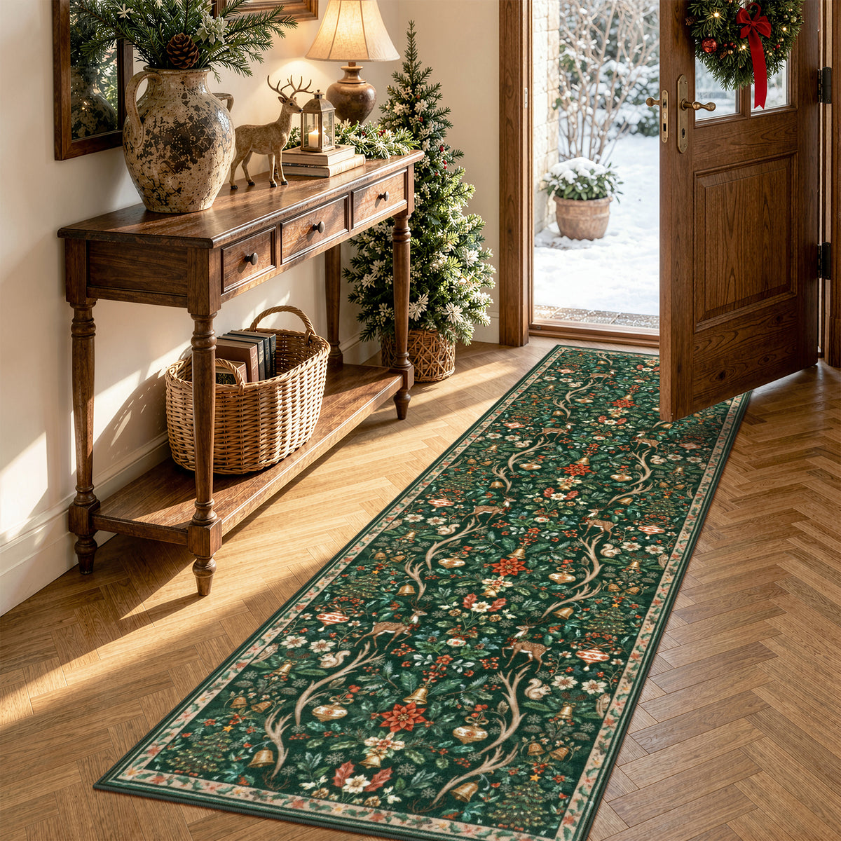 Lahome Christmas Area Rug, Vintage Holiday Washable Rugs for Living Room, Non-Slip Soft Large Carpet with Xmas Trees & Elk Design for Bedroom Dining Room Home Office Nursery