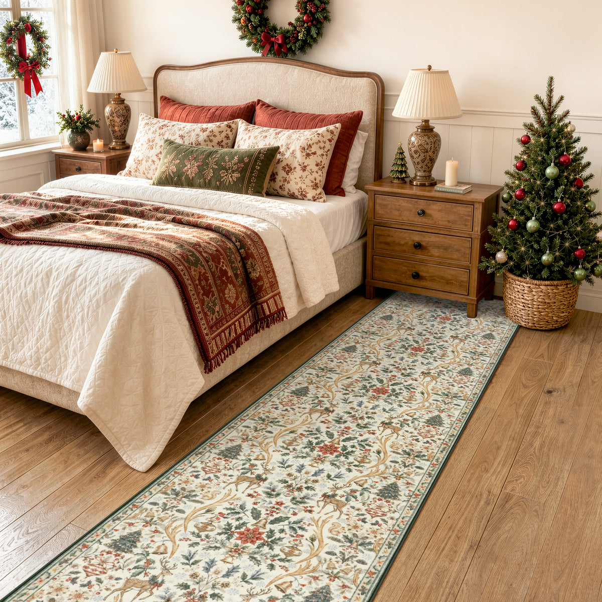 Lahome Christmas Area Rug, Vintage Holiday Washable Rugs for Living Room, Non-Slip Soft Large Carpet with Xmas Trees & Elk Design for Bedroom Dining Room Home Office Nursery