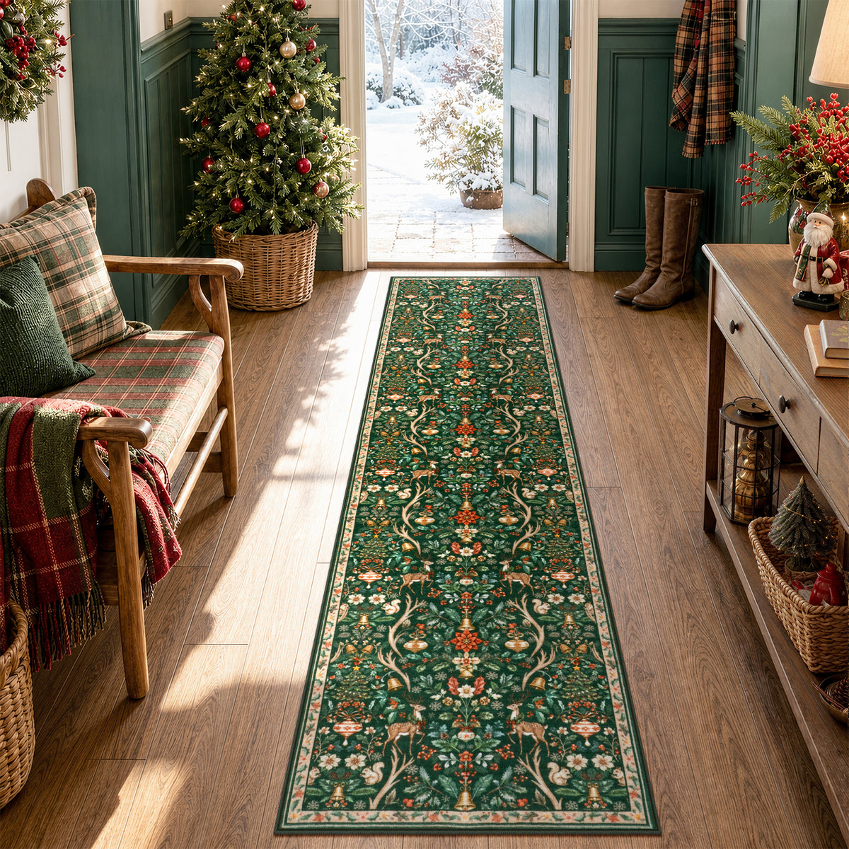 Lahome Christmas Area Rug, Vintage Holiday Washable Rugs for Living Room, Non-Slip Soft Large Carpet with Xmas Trees & Elk Design for Bedroom Dining Room Home Office Nursery