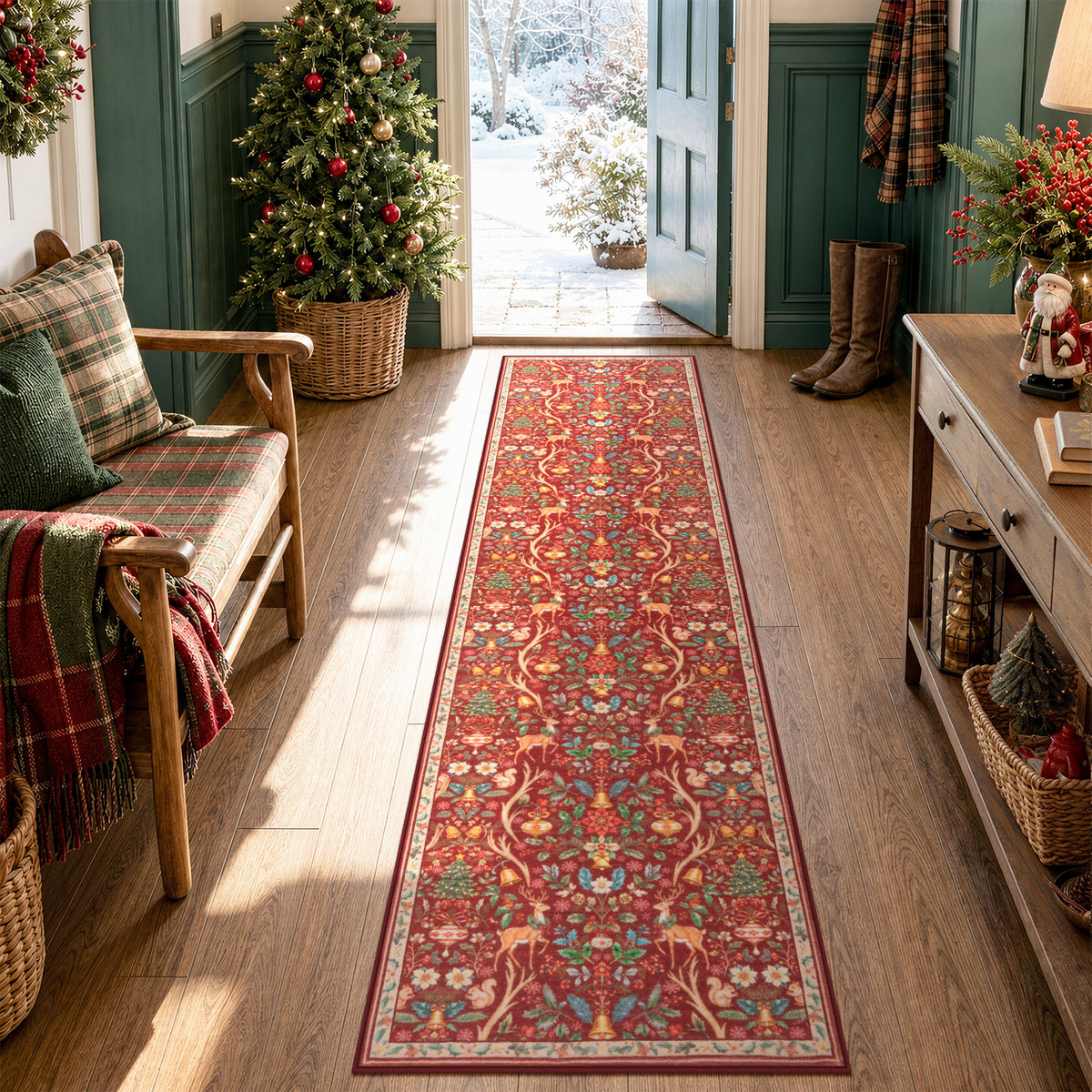 Lahome Christmas Area Rug, Vintage Holiday Washable Rugs for Living Room, Non-Slip Soft Large Carpet with Xmas Trees & Elk Design for Bedroom Dining Room Home Office Nursery