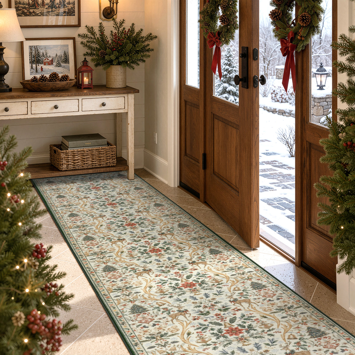 Lahome Christmas Area Rug, Vintage Holiday Washable Rugs for Living Room, Non-Slip Soft Large Carpet with Xmas Trees & Elk Design for Bedroom Dining Room Home Office Nursery