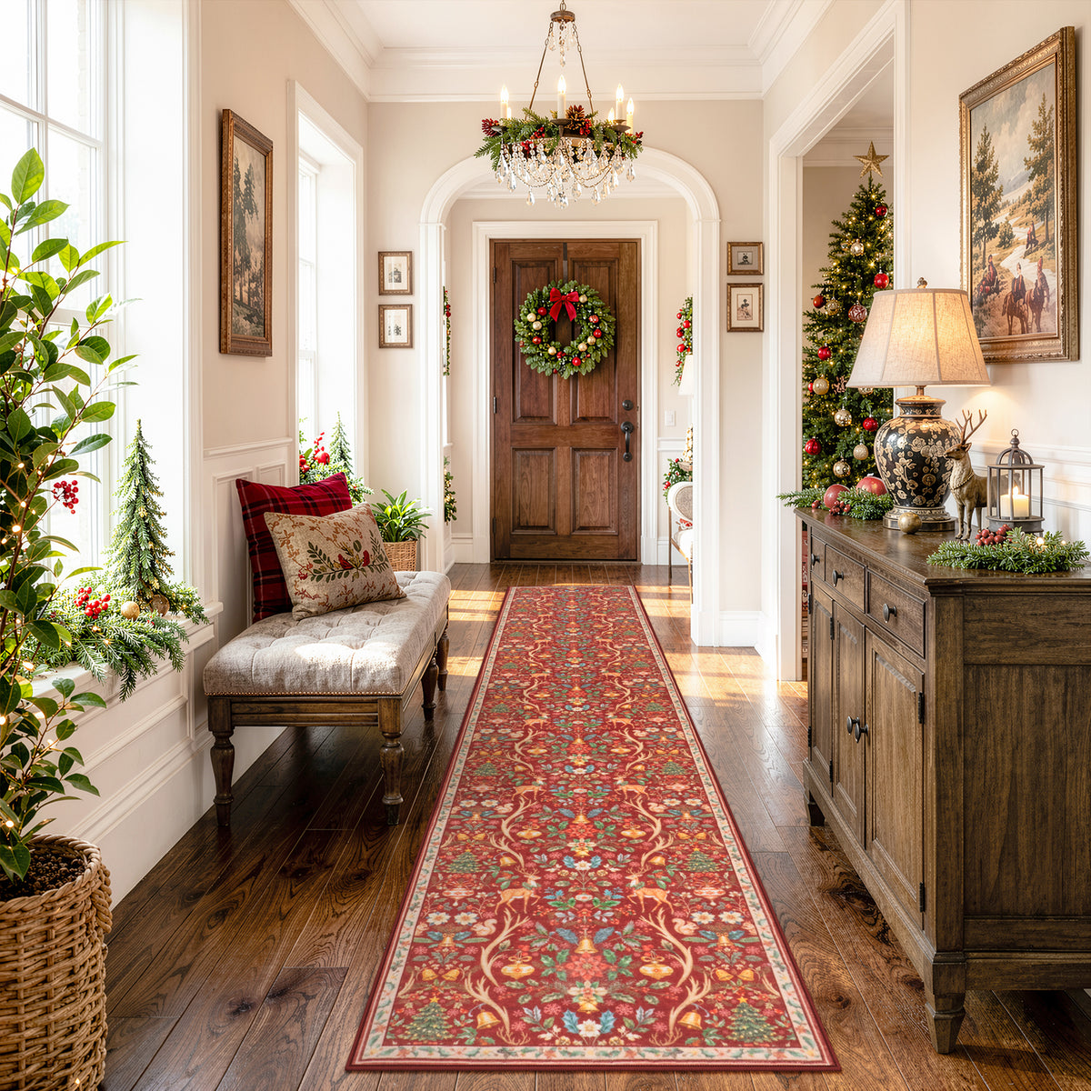Lahome Christmas Area Rug, Vintage Holiday Washable Rugs for Living Room, Non-Slip Soft Large Carpet with Xmas Trees & Elk Design for Bedroom Dining Room Home Office Nursery