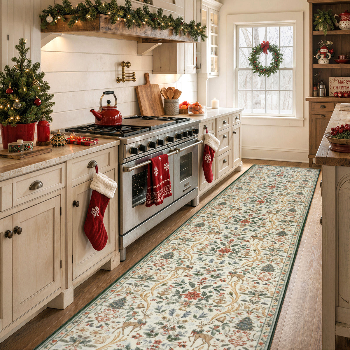 Lahome Christmas Area Rug, Vintage Holiday Washable Rugs for Living Room, Non-Slip Soft Large Carpet with Xmas Trees & Elk Design for Bedroom Dining Room Home Office Nursery