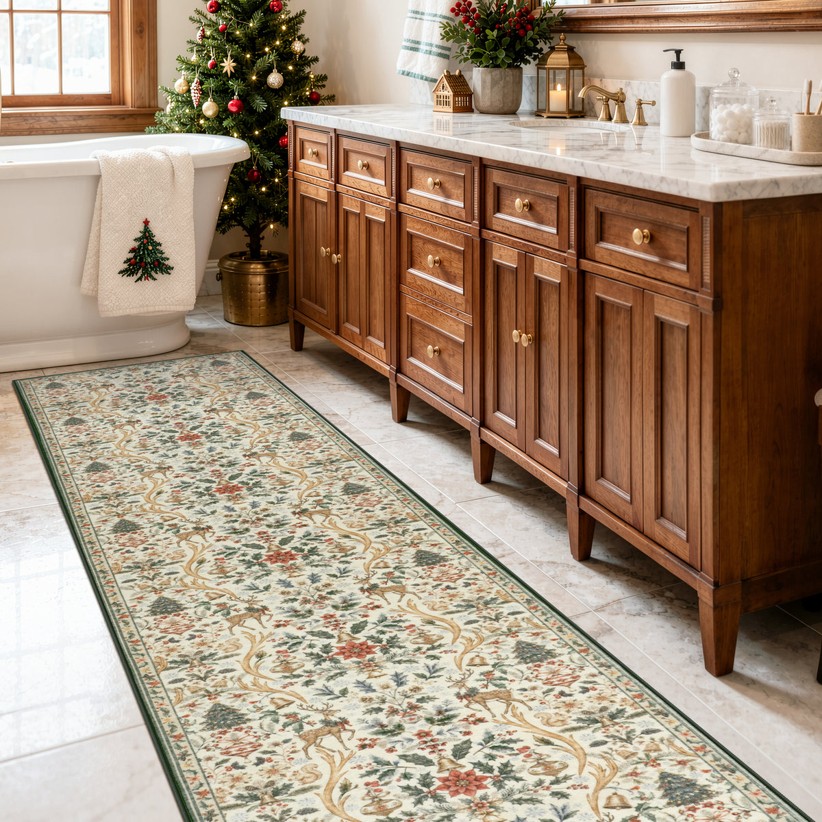 Lahome Christmas Area Rug, Vintage Holiday Washable Rugs for Living Room, Non-Slip Soft Large Carpet with Xmas Trees & Elk Design for Bedroom Dining Room Home Office Nursery