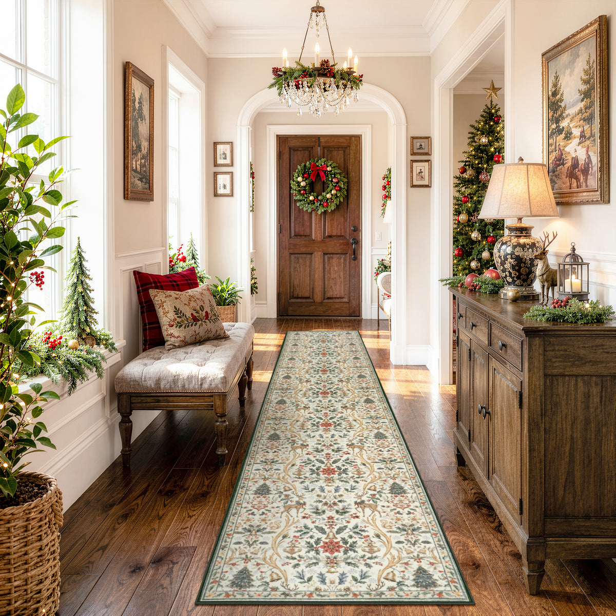 Lahome Christmas Area Rug, Vintage Holiday Washable Rugs for Living Room, Non-Slip Soft Large Carpet with Xmas Trees & Elk Design for Bedroom Dining Room Home Office Nursery