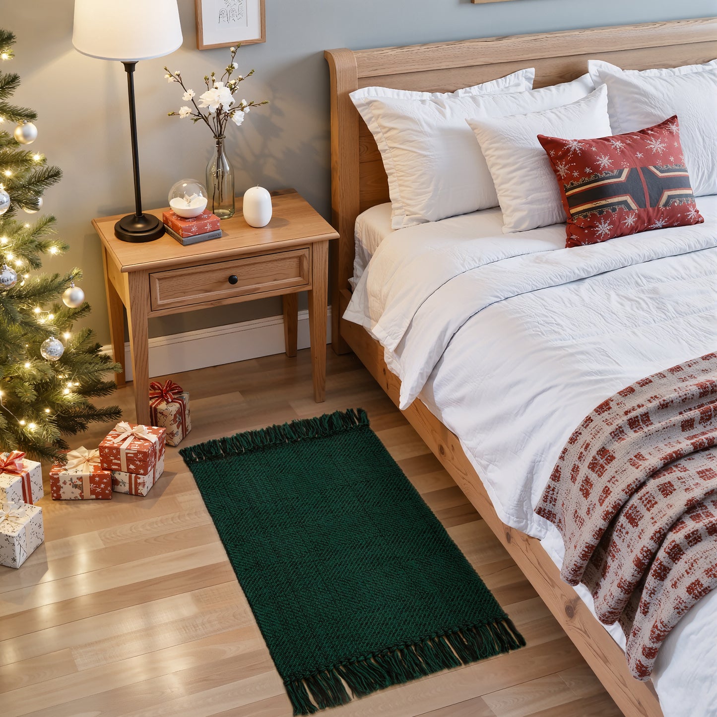 SUNDEREY Christmas Hallway Runner Rug, Washable Kitchen Rug, Cotton Woven Reversible Entryway Rug, Holiday Xmas Decor Boho Rug Low-Pile Throw Rug for ‎Dining Room Office,Green&Black