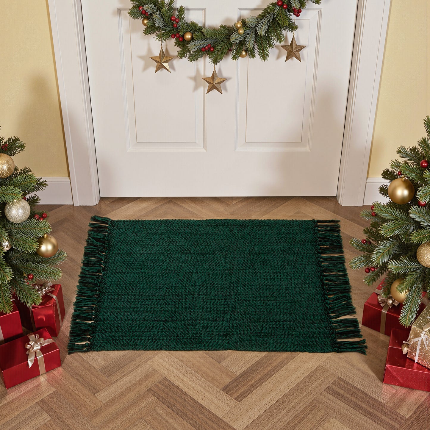SUNDEREY Christmas Hallway Runner Rug, Washable Kitchen Rug, Cotton Woven Reversible Entryway Rug, Holiday Xmas Decor Boho Rug Low-Pile Throw Rug for ‎Dining Room Office,Green&Black