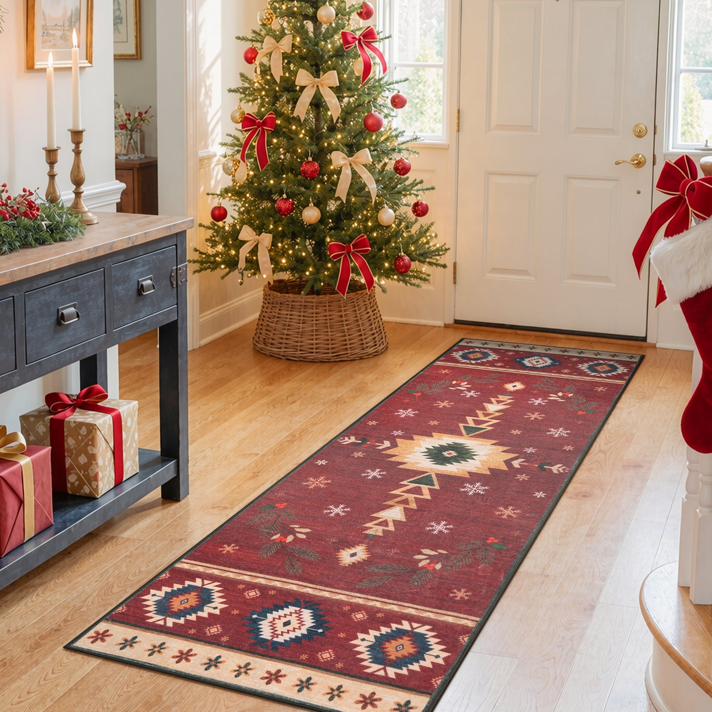 Wonnitar Christmas Area Rug, Washable Holiday Rug for Living Room, Red Southwestern Geometric Christmas Rug Non Slip Low Pile Winter Indoor Carpet for Bedroom Dining Room