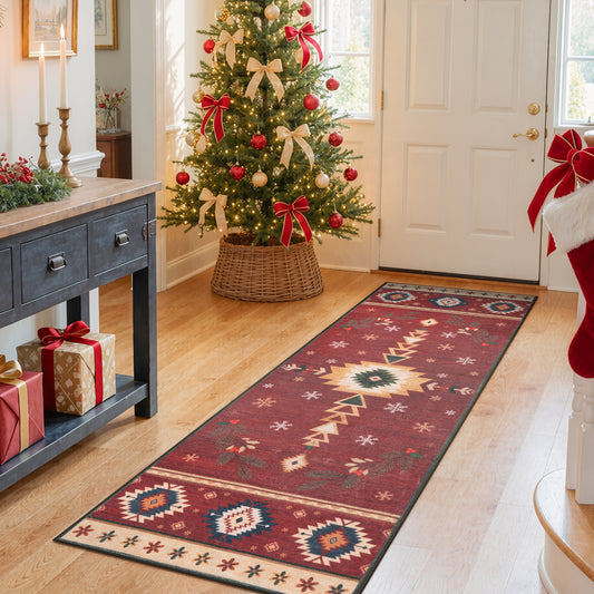 Wonnitar Christmas Area Rug, Washable Holiday Rug for Living Room, Red Southwestern Geometric Christmas Rug Non Slip Low Pile Winter Indoor Carpet for Bedroom Dining Room