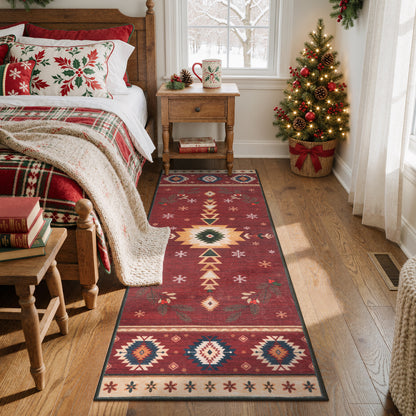 Wonnitar Christmas Area Rug, Washable Holiday Rug for Living Room, Red Southwestern Geometric Christmas Rug Non Slip Low Pile Winter Indoor Carpet for Bedroom Dining Room