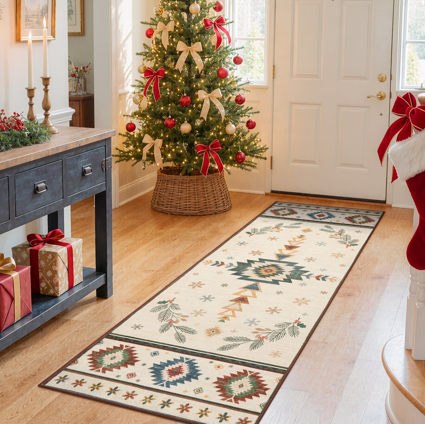 Wonnitar Christmas Area Rug, Washable Holiday Rug for Living Room, Red Southwestern Geometric Christmas Rug Non Slip Low Pile Winter Indoor Carpet for Bedroom Dining Room